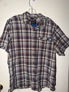 Kavu Men’s Gray Plaid Short-Sleeve Button-Down with Red & Cream Accents